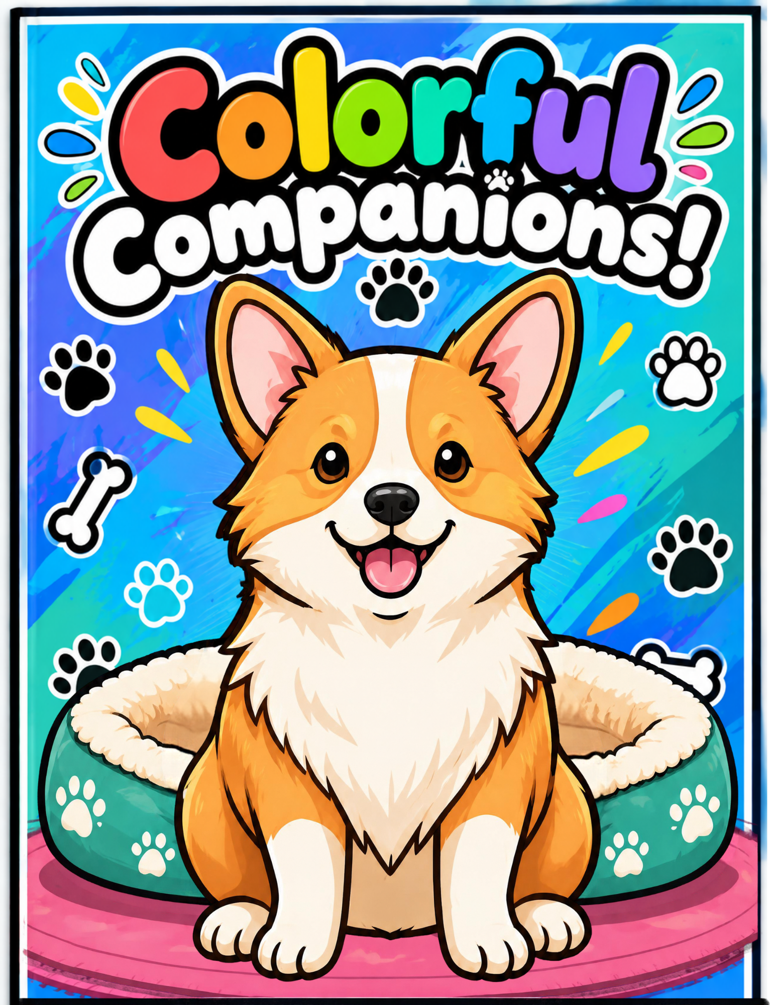 Colorful Companions coloring book cover featuring a smiling corgi